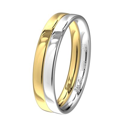 Het lijken twee ringen, maar het is er toch echt eentje. Deze ring in glanzend geelgoud en Argentium glimt je tegemoet!