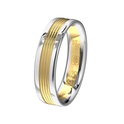 De geelgouden baan is voorzien van fijne lijntjes en wordt aan beide zijden omringd door glanzende Argentium banen.