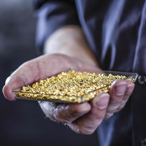 man houdt een bakje met 14 karaat goud korrels vast
