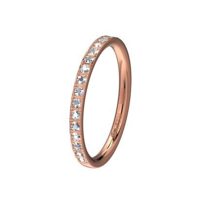 Deze elegante rosegouden aanschuifring is halfvolgezet met briljanten en vormt een perfecte combinatie met bijvoorbeeld een witgoudpalladium Memoirering.