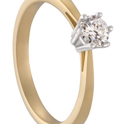 De klassieker onder de solitairringen! Prachtig uitgevoerd in een tweekleurige combinatie en voorzien van een briljant van 0,17 ct