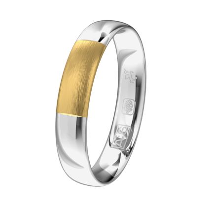 Een bolle glanzende Argentium ring met draagcomfort. Als contrast is het geelgouden deel gematteerd.