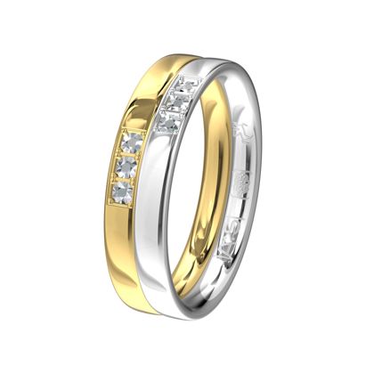 Het lijken twee ringen, maar het is er toch echt eentje. Deze ring in glanzend geelgoud en Argentium glimt je tegemoet! Maar liefst zes briljanten zijn geschakeerd geplaatst.