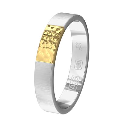 Verticale mattering van de Argentium ring in combinatie met een mooi stukje glanzen geelgoud dat bewerkt is met een hamerslag.